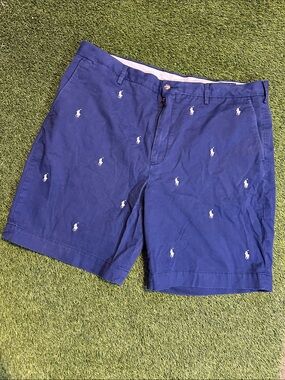 Ralph Lauren Men’s Navy Royal Blue Embroidered All Over Monogram Polo Shorts 40
